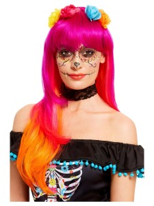 Day of the Dead Wig Pink Orange with Flowers