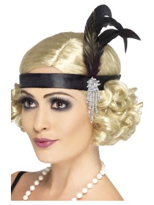 Black Satin Charleston Headband Black with Feather and Jewel Detail