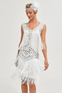 White Sequins Fringes Flapper Dress